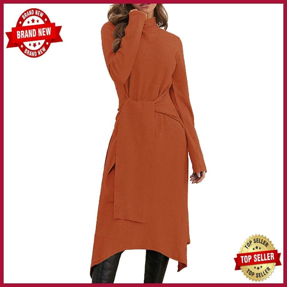 Long Sleeve Midi Sweater Dress Tie Front A-Line High Waist Business Casual